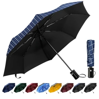 Immagine di TechRise Ombrello compatto e resistente, antivento, automatico, pieghevole, leggero, portatile, da viaggio, antipioggia, golf, con un pulsante di apertura chiusura automatica, Plaid blu, L