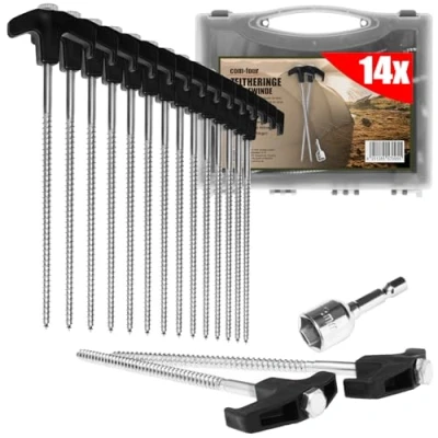 Immagine di com four® 14x picchetti per Tenda in Acciaio con Adattatore cacciavite a Batteria Vite nella Scatola di Trasporto robusti Filettatura Campeggio e all&#039;aperto