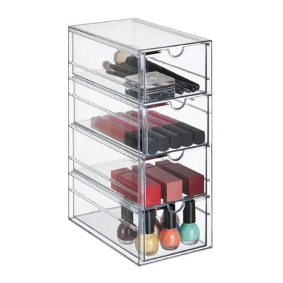 Immagine di Relaxdays Portatrucchi, Set da 4, Cassetti Organizer Portaoggetti, Contenitore Bagno e Ufficio, Plastica, Trasparente, 25 x 10,5 17,5 cm