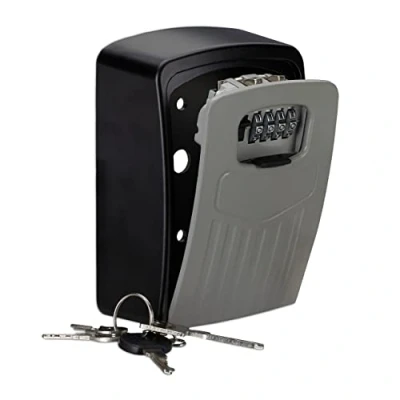 Immagine di Relaxdays Cassetta Portachiavi con Combinazione a 4 Cifre, Keysafe per Esterni Parete, HLP 14,5x10,5x5 cm,argento/nero