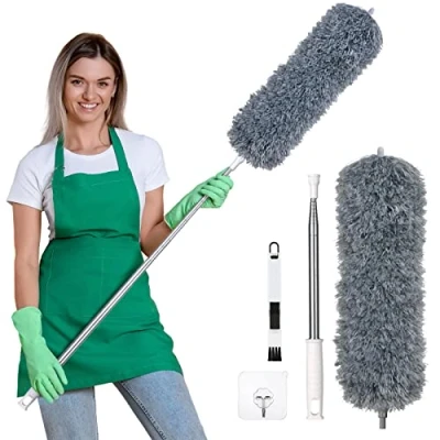Immagine di Vicloon Spolverino per Polvere Allungabile con Manico Lungo Fino a 245cm, 1 Manico+1 Piumini+1 Spazzola+1 Ganci Autoadesivi, Microfibra Lavabile Soffitto Ragnatela Ventilatore Tenda
