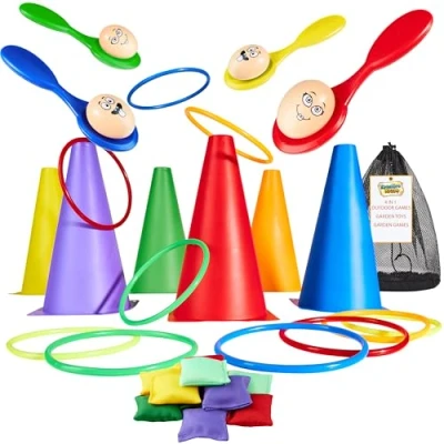 Immagine di Giochi da Esterno per Bambini Feste di Compleanno e Festa all Aperto Accessori Gioco Cucchiaio Uovo Corsa Sacchi Anelli (4 in 1 set)
