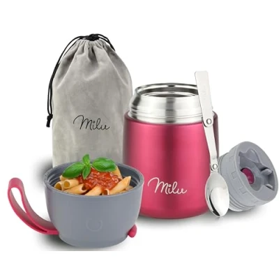 Immagine di Milu Thermo per Alimenti 300ml 440ml 450ml 650ml 800ml I Contenitore Termico di Acciaio Inossidabile, Isotermico Sottovuoto Cibi Caldi e Freddi (Bacca, 450ml)