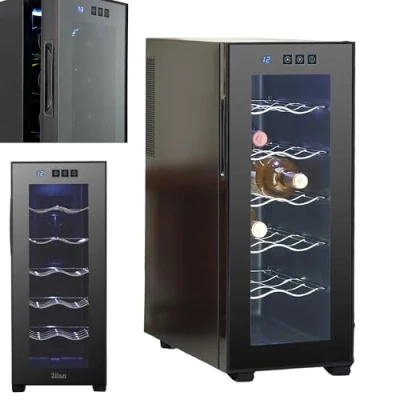 Immagine di Zilan frigorifero per vino, autoportante, silenzioso, 12 bottiglie, 33 litri, illuminazione a LED, piccolo con porta in vetro