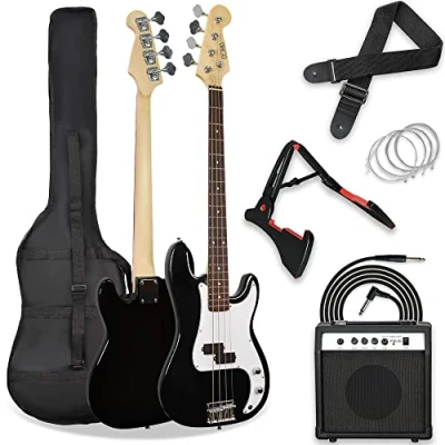 Immagine di 3rd Avenue Kit pacchetto basso elettrico beginner dimensioni standard 4/4 con amplificatore da 15 W, custodia, cavo di connessione, tracolla, stand e corde riserva Nero