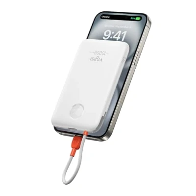 Immagine di VIYISI Powerbank 10000mAh, Caricabatterie Portatile 22,5W, Batteria Esterna Ultracompatta con Cavo USB C Integrato, Display LED, per iPhone 16/15, iPad, Samsung Galaxy S24 S23, Huawei Bianco