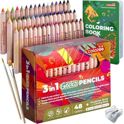 Immagine di colozoo Set di matite colorate Gecko 3 in 1 per bambini: 48 matite, 2 pennelli, temperino e libro da colorare dai anni su Ideale colori a matita, album colorare, pastelli colorati