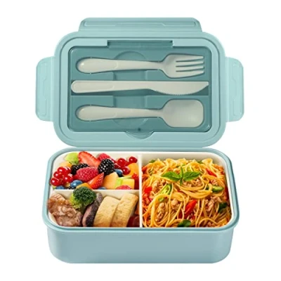 Immagine di Diboniur Lunch Box, Porta Pranzo con Posate, 1400ml Bambino Adulto Bento Box 3 Scomparti, Schiscetta Contenitore per Microonde Lavoro Picnic Ufficio (Blu)