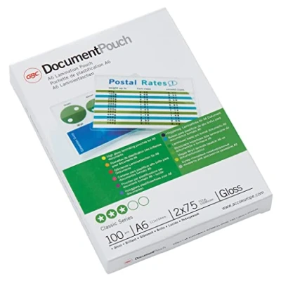 Immagine di GBC Pouch Confezione da 100 Buste per Plastificazione a Caldo, con Finitura Lucida, in Formato A6, Spessore di 2 x 75 Micron, 111 154 mm, 3743152