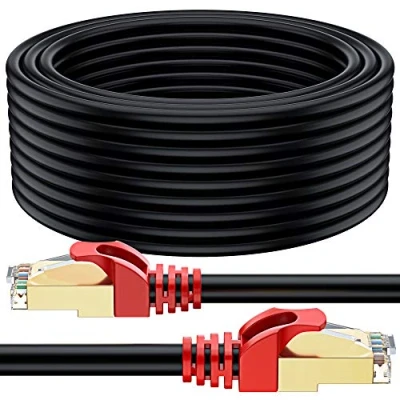 Immagine di MutecPower 50m Cavo CAT 7 Esterno da impermeabile per uso interramento diretto di rete Ethernet RJ45 esterna SSTP 600 Mhz Nero 50 metri con fascette e clip