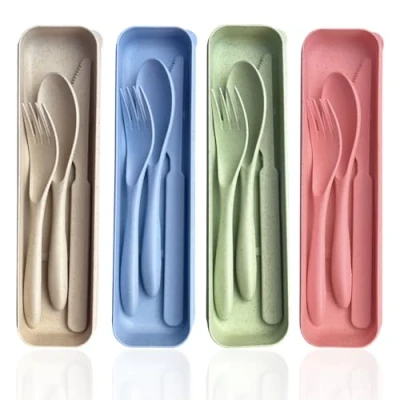 Immagine di RYHHH 4 Sets Set Di Posate Con Custodia Portatile,Posate Plastica Riutilizzabili, Da Viaggio Viaggio,Per Campeggio,Picnic, Scuola Pranzo,Viaggio