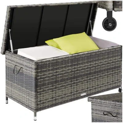 Immagine di TecTake® Box Contenitore da Esterno, Telaio in Acciaio, Intreccio Polyrattan, Pratiche Maniglie, Rotelle, Tasca Estraibile, Chiusura a Combinazione, 120x55x61,5cm, 270 L Grigio
