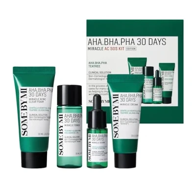 Immagine di SOME BY MI AHA BHA PHA 30 Days Miracle AC SOS Kit Toner 1.01 Oz, Serum 0,33 Cream0,7 once, Schiuma 1,01 once Set per la cura della pelle quotidiana esfoliante delicato Pastiglie, sebo,