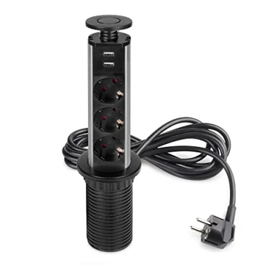 Immagine di Emuca Blocco multipresa a scomparsa con 3 prese schEUo EU e 2 porte USB, torretta per piano lavoro di cucina o scrivania, Verniciato nero, Tecnoplastica Alluminio