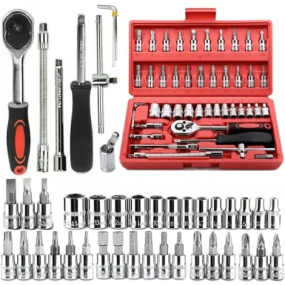 Immagine di YWHWLX Set di 46 chiavi a bussola cricchetto da 1/4&quot;, con custodia, include bussole metriche e barra estensione per riparazione auto manutenzione domestica