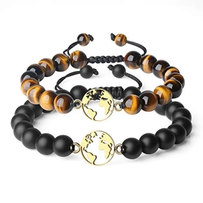 Immagine di COAI Coppia Bracciali della Distanza &#039;Ovunque, Non Importa Dove&#039; con Amuleto Mappamondo, Regolabili Lui e Lei in Onice Opaca Occhio di Tigre
