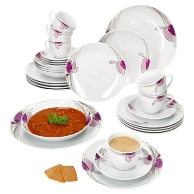 Immagine di MamboCat Viola, servizio combinato da 30 pezzi, in porcellana con decorazione floreale, per 6 persone, tazze 170 ml, piattini, piatti torta, fondi e piani