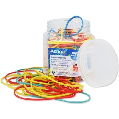 Immagine di Westcott elastici in gomma da 80 g Anelli di colorati varie dimensioni un pratico contenitore plastica Confezione per la casa ⌀ 60 mm, 50 mm E 38 10581 00