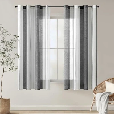 Immagine di MIULEE Tende a Righe per Interni, Trasparenti in Voile Camera da Letto, Tenda Salotto Moderne con Anelli, Pannello Interno Finestra Bianche e Grigie, 2x 140x175 CM