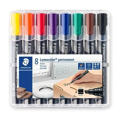 Immagine di Staedtler 350 WP8 Lumocolor permanent marker punta a scalpello, 2 mm o 5 mm, aufstellbare Box con 8 colori