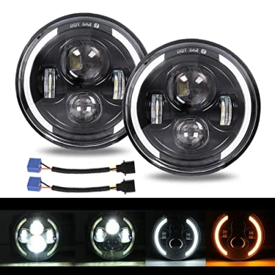 Immagine di YUGUANG Coppia 7&quot; Fari a LED 300W 30000LM 4 lenti Angel Eyes 3000K+6000K Modalità di Illuminazione Rotonda Nera Lights Off Road Fire Cross DRL HI LO Beam per Wrangler JK TJ LJ CJ Hummber H1 H2
