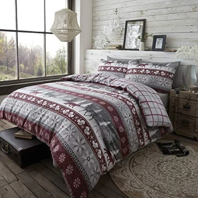 Immagine di Set copripiumino 100% flanella di cotone pettinato double face con design scandinavo Bordeaux Una piazza e mezza