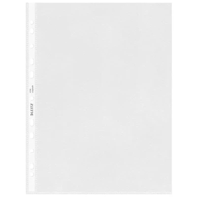 Immagine di Leitz Buste perforate di qualità in PP 85 mic, 30% Plastica Riciclata pre consumo, 100% Riciclabili, Formato A4, Finitura trasparente opaca, Apertura lato superiore, Conf. da 100, 47900100