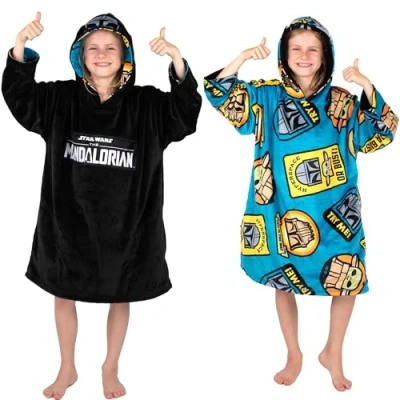 Immagine di Star Wars Mandalorian Oodie Coperta con cappuccio oversize reversibile per bambini, super morbida, in pile double face, regalo ragazzi, taglia unica, Nero/Blu, One Size