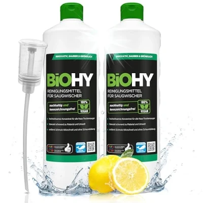 Immagine di BiOHY Detergente per scopa aspirante (2 bottiglie da 1l) + Distributore Concentrato 1:200 aspiraliquidi ideale piastrelle, PVC, parquet e moquette ecologico (Saugwischer)
