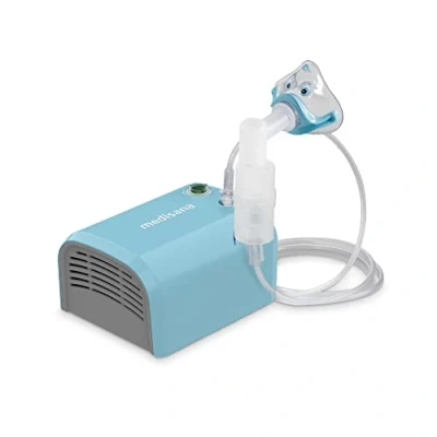 Immagine di medisana IN 155 inalatore, nebulizzatore a compressore con boccaglio e maschera per adulti bambini, raffreddore o asma numerosi accessori