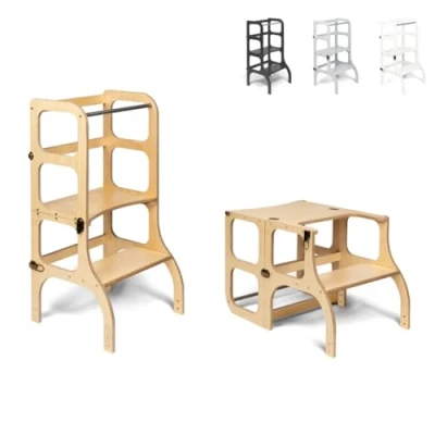 Immagine di Ette Tete STEP’n’SIT® Torre Apprendimento Montessoriana Convertibile Multifunzione 2 in 1 (in legno, con cerniere ottone)