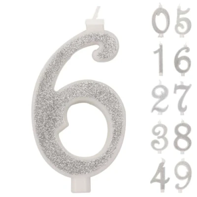 Immagine di Candelina a numero 6 bianca con Glitter Argento 10 cm IDEGOS