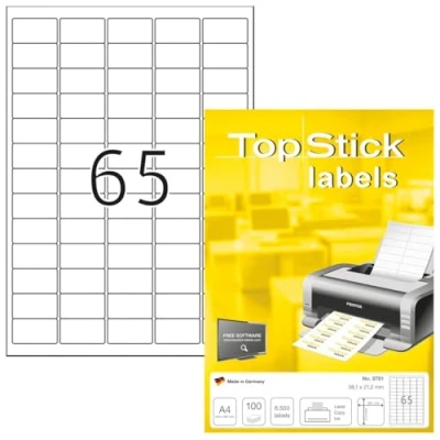 Immagine di TopStick etichette autoadesive per indirizzi, 65 foglio A4, 100 fogli, 38,1 x 21,2 mm, 6500 etichette, vuote mailing, stampanti laser e inkjet, bianco