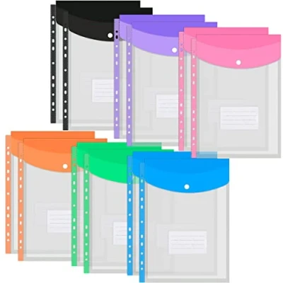 Immagine di Custodia per Documenti in Plastica A4 12PZ Cartella Perforata Portafogli Buste Archivio Tasche Perforate Espandibili Automatici Raccoglitore Cartellina Trasparente con Bottone, Etichette