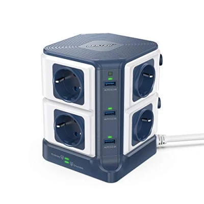 Immagine di BESTEK Multipresa verticale a 8 prese e 6 porte USB, presa multipla con protezione da sovratensioni interruttore, torre Ladron allungatore(1500J Surge Protezione, 3600W/16A) blu