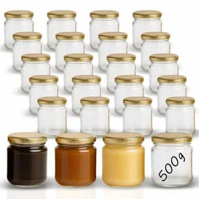 Immagine di gouveo Set di 24 vasetti per marmellata 500g “Miele con coperchio a vite nido d&#039;ape barattoli conservazione tappo TO82 conserve vuoti, (HGTO500BW)
