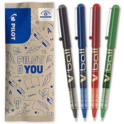 Immagine di PILOT Set di 4 V Ball 07 Penne Roller con Inchiostro Liquido Punta Conica Media per una Scrittura Fluida e Precisa Asciugatura rapida Nero, Blu, Rosso, Verde