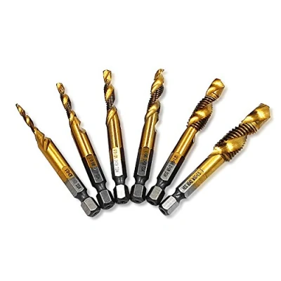 Immagine di Nuzamas, set di 6 punte per trapano con filettatura esagonale, attacco HSS, in titanio, a spirale, metrica M3, M4, M5, M6, M8, M10