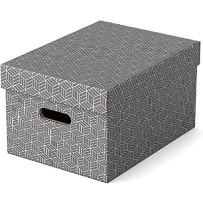 Immagine di Esselte Set di 3 Contenitori Medi con Coperchio in Cartone Riciclato e Riciclabile al 100%, Ottimali per lo Stoccaggio l&#039;Archiviazione, Design Geometrico, 265 mm x 205 365 mm, Grigio