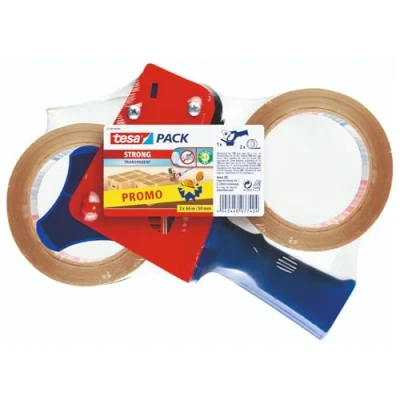 Immagine di tesapack Set Dispenser Manuale con 2 Rotoli Strong Trasparenti, Professionale in Metallo e Plastica, Nastro Adesivo Forte da Imballaggio 66 m x 50 mm