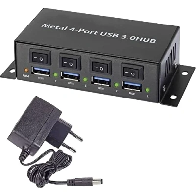 Immagine di Hub USB 3.0 Renkforce RF 3955362 4 Porte Contenitore in metallo, Commutabile singolarmente, Per montaggio a parete Nero