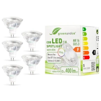 Immagine di greenandco 5x Faretto a LED IRC 90+ MR16 GU5.3, 5W 400lm 3000K (bianco caldo) COB 38 12V AC/DC, non dimmerabile