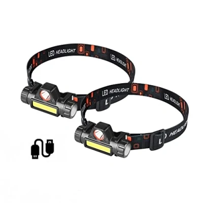 Immagine di Torcia frontale, USB ricaricabile Super luminoso Doppie sorgenti luminose lontane e vicine frontale Portatile 2 pacchi Lampada a LED per campeggio, escursionismo, pesca, lavoro, corsa