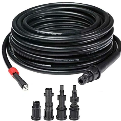 Immagine di BAKAJI Sonda Sturatubi Spurgatubi per Idropulitrice Alta Pressione 15 Metri Sistema Antipiega Connettore Interno in Rame Rivestimento PVC Resistenza Massima 160 Bar con 4 Adattatori (Single)