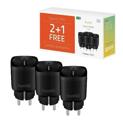 Immagine di Hombli Smart Socket Promo Pack 2+1 Controllo Remoto, Risparmio Energetico E Monitoraggio Dell&#039;Utilizzo Compatibile Con Alexa/Google Spina EU Nera