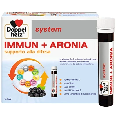Immagine di Doppelherz system IMMUN+ARONIA Integratore Alimentare con Vitamine C, D, Gruppo B, Biotina, Oligoelementi e Succo di Aronia Senza Glutine Lattosio Sapore Multifrutta 30 Fiale