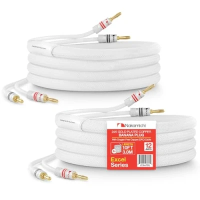 Immagine di Nakamichi Excel Series Connettore Banana Placcato in Oro 24k con Cavo degli Altoparlanti Rame Senza Ossigeno al 99.9% (OFC) Intrecciato Certificato CL2 Bianco (12AWG / 10ft 3,0m) 2 Pacchi