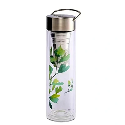 Immagine di Eigenart FLOWTEA Ginkgo Borraccia a doppia parete in vetro borosilicato con coperchio acciaio inox, custodia neoprene e colino, senza BPA, 400 ml, 50022
