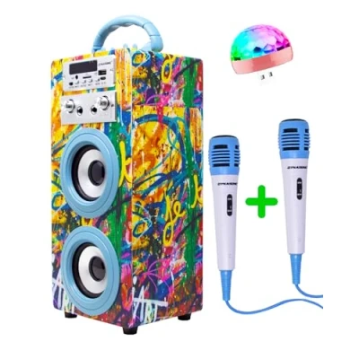 Immagine di DYNASONIC Macchina Karaoke Portatile, 2 Microfoni, Altoparlante Bluetooth, Luci, Lettore USB e SD (025 22 lights)