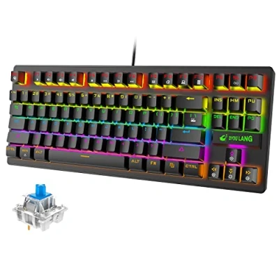 Immagine di tastiera meccanica da gioco, tasti retroilluminati RGB, resistente alle fuoriuscite, multimediali dedicati, 87 tasti, completa anti ghosting, essenziale per gaming, layout QWERTY,
